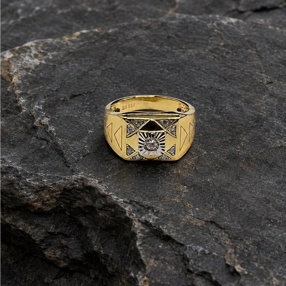 Men's Gold over 925 Sterling Silver Signet Ring with Center Stone CZ Size 9.5